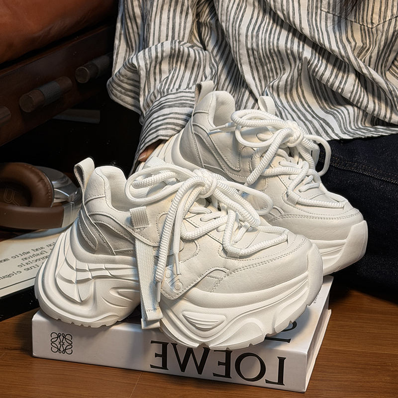 欧货真皮系带松糕厚底老爹鞋女2025新款百搭小个子增高休闲运动鞋