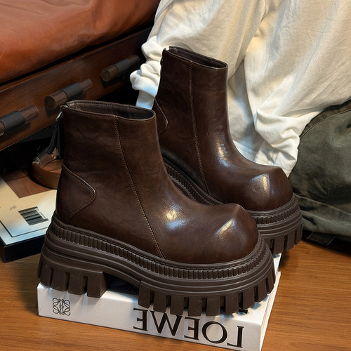 复古真皮大头松糕厚底马丁靴女