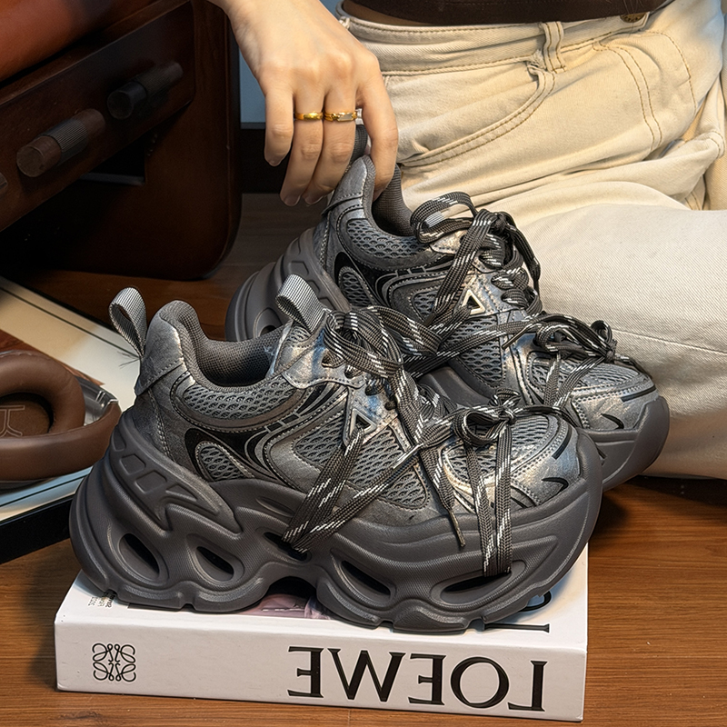 欧货真皮绑带松糕厚底老爹鞋女