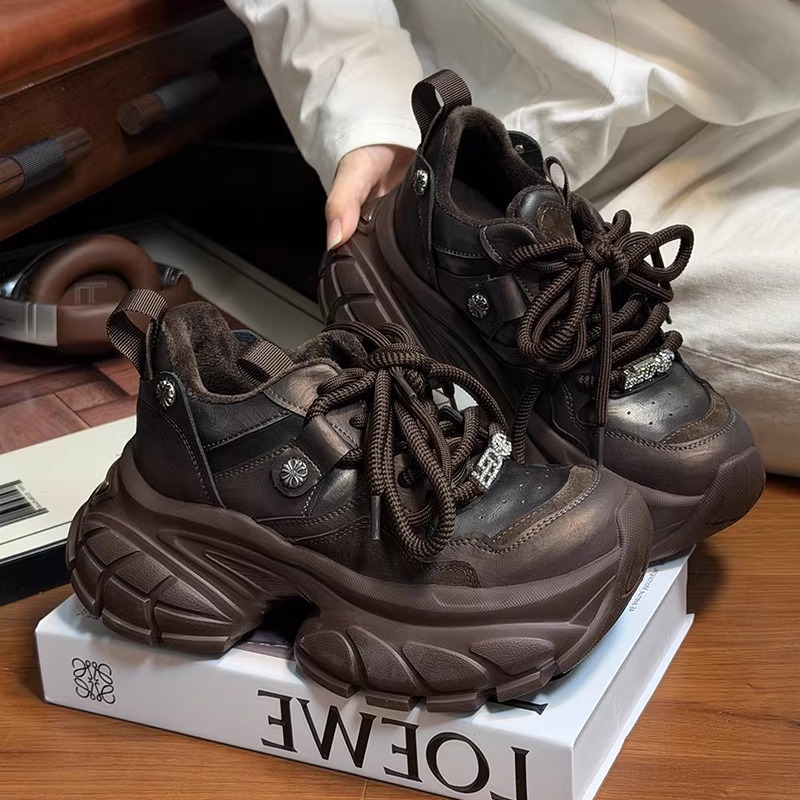 欧货真皮系带加绒厚底老爹鞋女