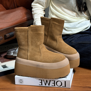 磨砂真牛皮松糕厚底马丁靴女2025冬季 加绒保暖增高短靴雪地靴 新款