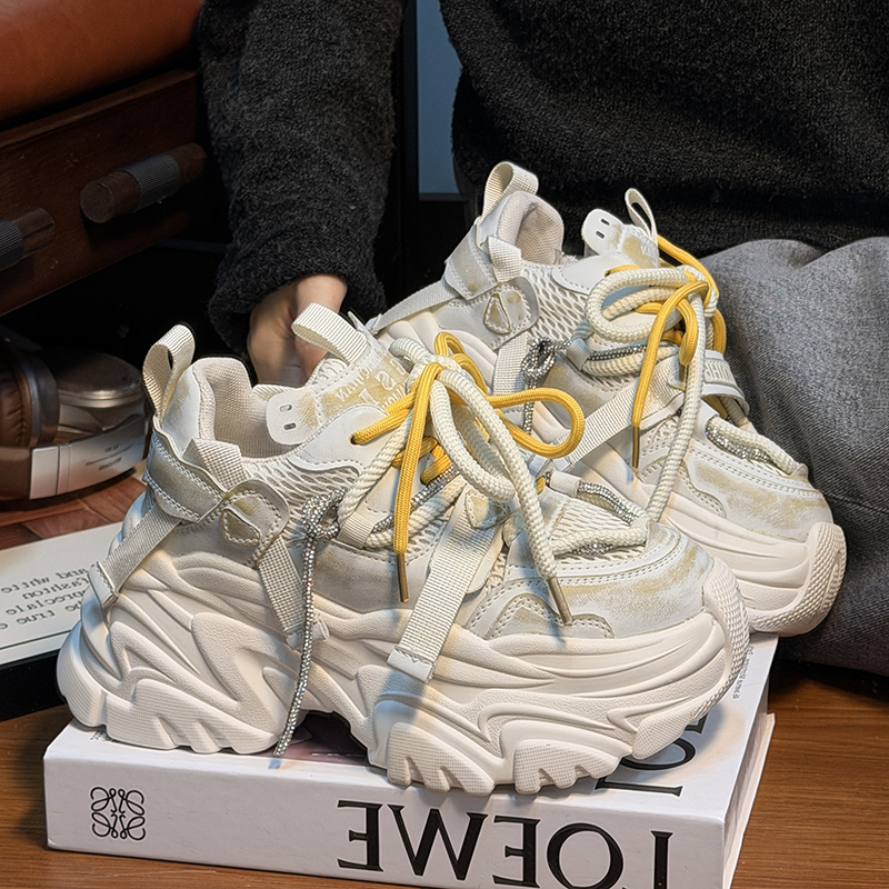 真皮水钻绑带松糕厚底老爹鞋女2025新款百搭小个子增高休闲运动鞋