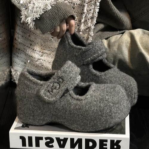 欧货毛呢松糕厚底毛毛鞋女