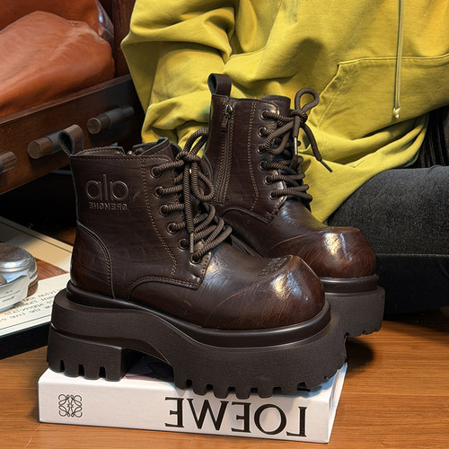 复古真皮松糕厚底马丁靴女加绒