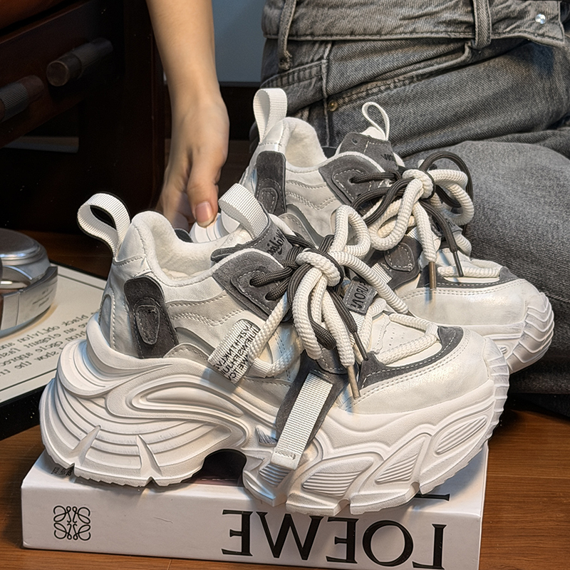 欧货真皮系带松糕厚底老爹鞋女