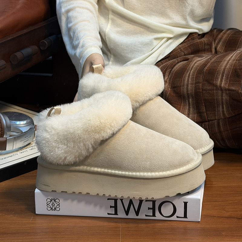 羊毛真皮大头松糕厚底包头半拖鞋