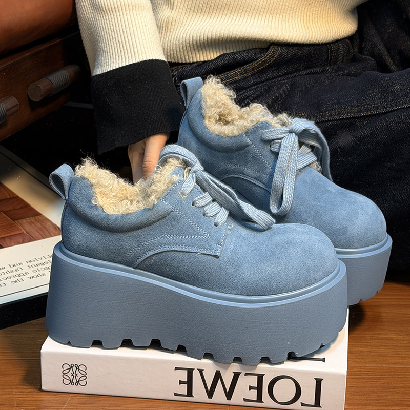 真皮羊毛糖果色松糕厚底乐福鞋女加绒毛毛鞋百搭小个子增高小皮鞋