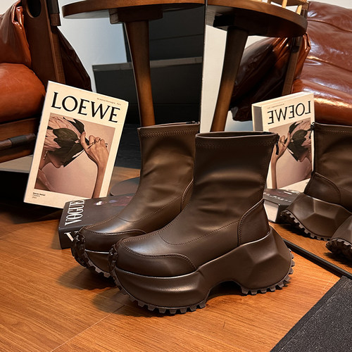 真皮复古圆头松糕厚底弹力靴女