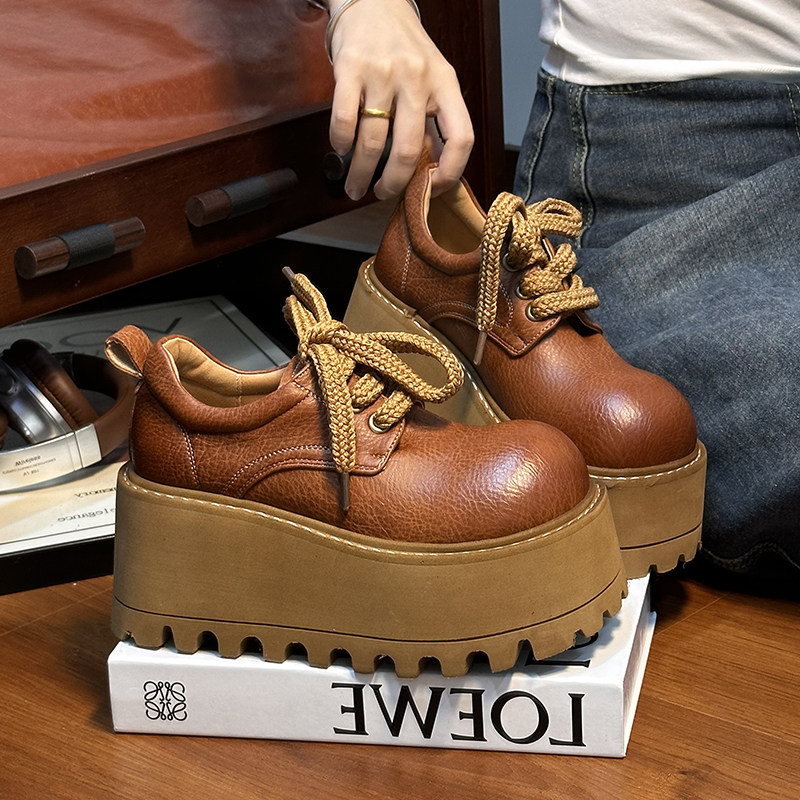 复古真皮松糕厚底小皮鞋女乐福鞋