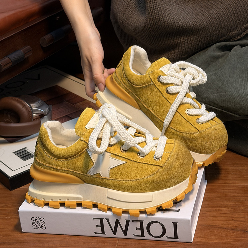 磨砂真皮系带松糕厚底老爹鞋女2025新款百搭小个子增高休闲运动鞋