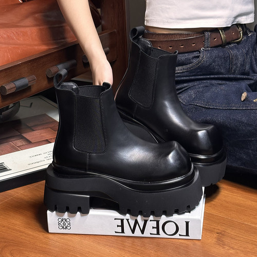 欧货真皮大头擦色松糕厚底马丁靴