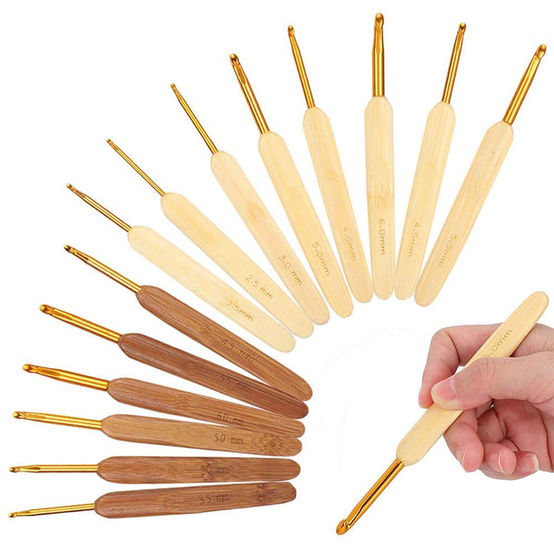 竹柄金色头钩针 碳化竹柄织布铝头勾针 diy手工编织工具勾针
