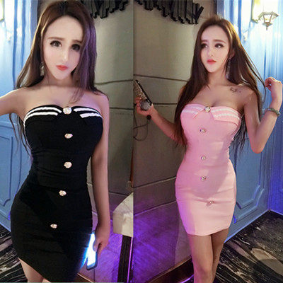 酒吧KTV公主服紧身包臂小个子连衣裙礼服海军风一字肩露背抹胸裙