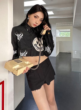 SKOOT短款衬衫露脐性感Y2K风韩国小众设计师黑色衬衫2022秋冬新款