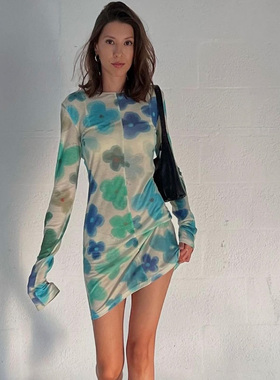 with jean法式印花显瘦防晒长袖连衣裙小众设计师欧美博主同款