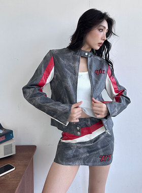 IAMGIA长袖皮衣辣妹套装灰红机车套装Y2K风显瘦欧美22年秋冬新款