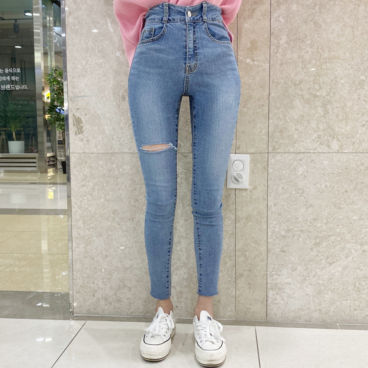 L(27-28)POCLAIN韩国代购毛边高腰单侧破洞弹力小脚九分牛仔裤