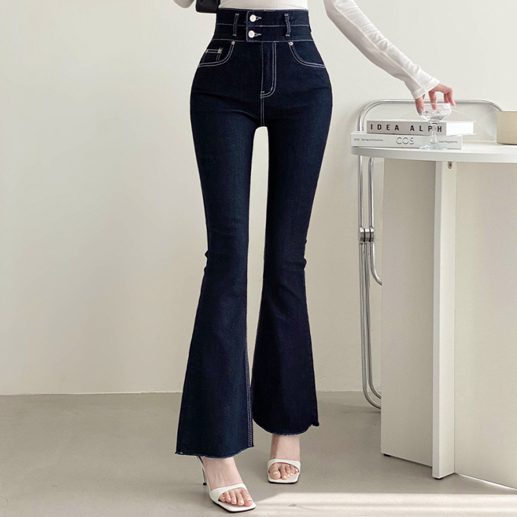 JCAT韩国代购东大门新款高腰双排扣深蓝色显瘦微喇牛仔长裤百搭