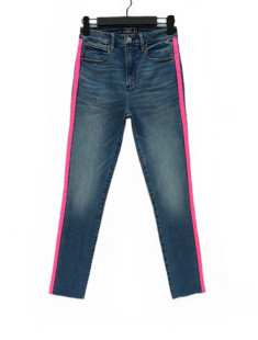 欧美单 女 高弹力小脚牛仔裤 侧边织带裤 高腰九分裤 QC单 老鼠货