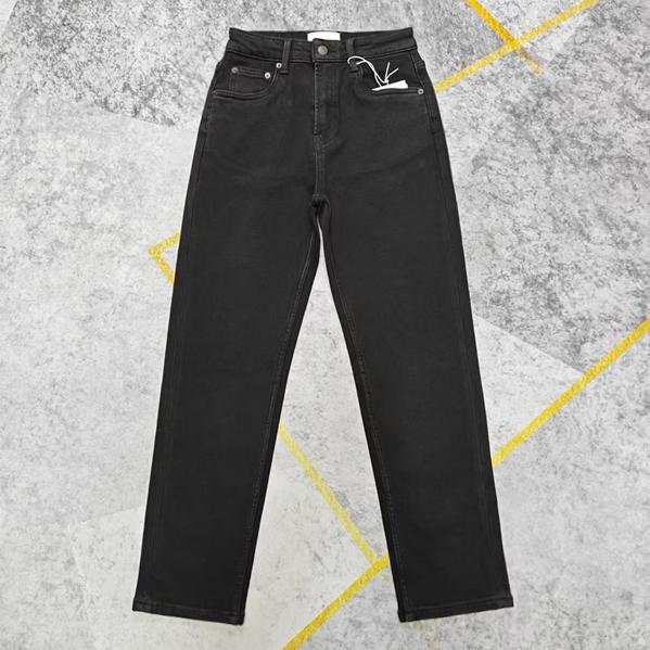 美系 弹力植绒炭黑色法棍牛仔裤 高腰薄绒直筒裤 加绒保暖烟管裤