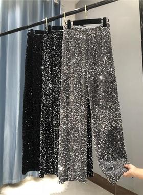 Glittering straight-leg pants 加厚韩国绒亮片阔腿裤垂感拖地裤