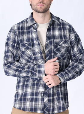磨毛格子法兰绒衬衫男长袖文艺休闲外套 Plaid flannel shirt man
