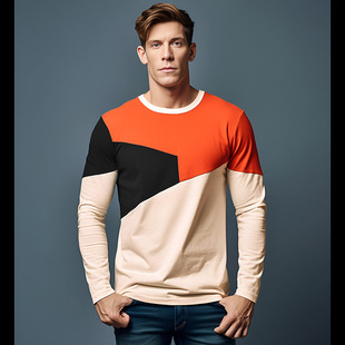 Color-matching crew-neck T-shirt for men 长袖拼色圆领男士T恤
