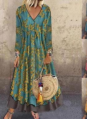 Vintage floral fake two dresses七分袖V领复古碎花假两件连衣裙