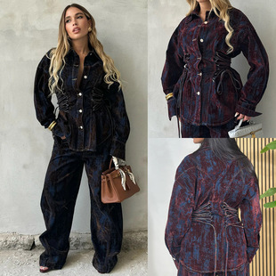 Jeans jacket and pants set西装印花植绒撞色牛仔外套长裤女套装