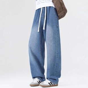 Streetwear loose-fit jeans街头宽松直筒休闲潮流抽绳磨白牛仔裤