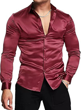 Stylish bright face solid color shirt 欧美修身亮面纯色衬衫男