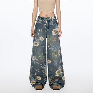 American High street floral wide-leg jeans美式高街阔腿牛仔裤