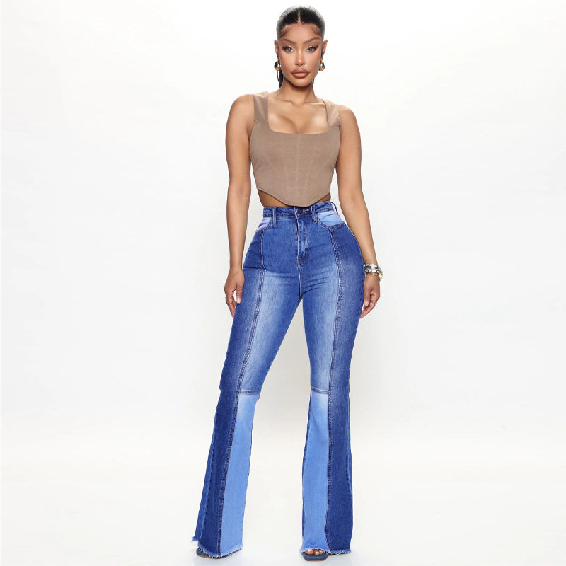 Jeans stretch two-tone bell bottoms 牛仔裤弹力双色拼接喇叭裤