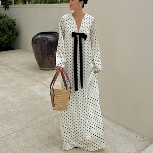 Belted Vneck longsleeved elegant dress蝴蝶结长袖气质连衣裙女