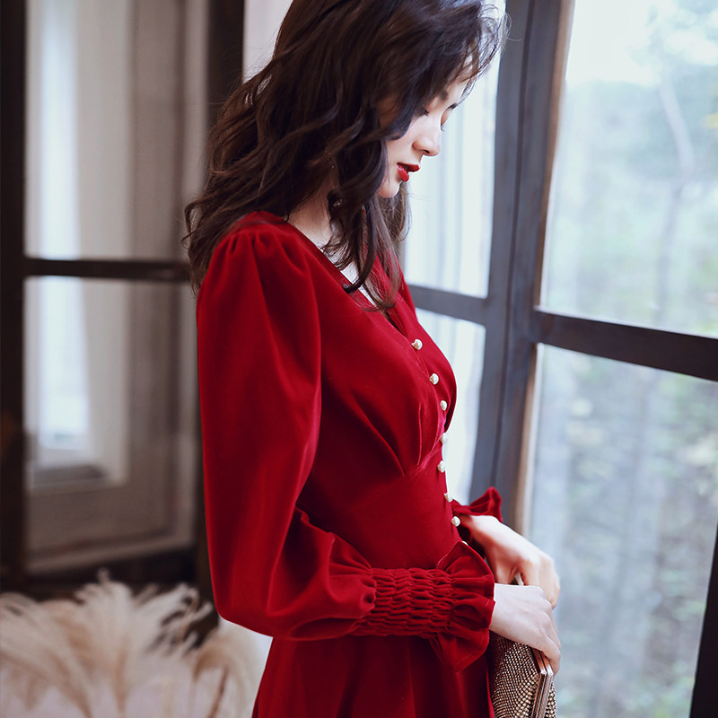 敬酒服2021新款新娘秋季冬款结婚回门红色订婚平时可穿长袖连衣裙