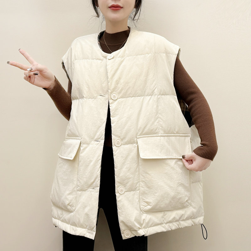 欧洲站休闲中长款羽绒马甲女2025秋冬新款拼色大口袋马夹背心外套