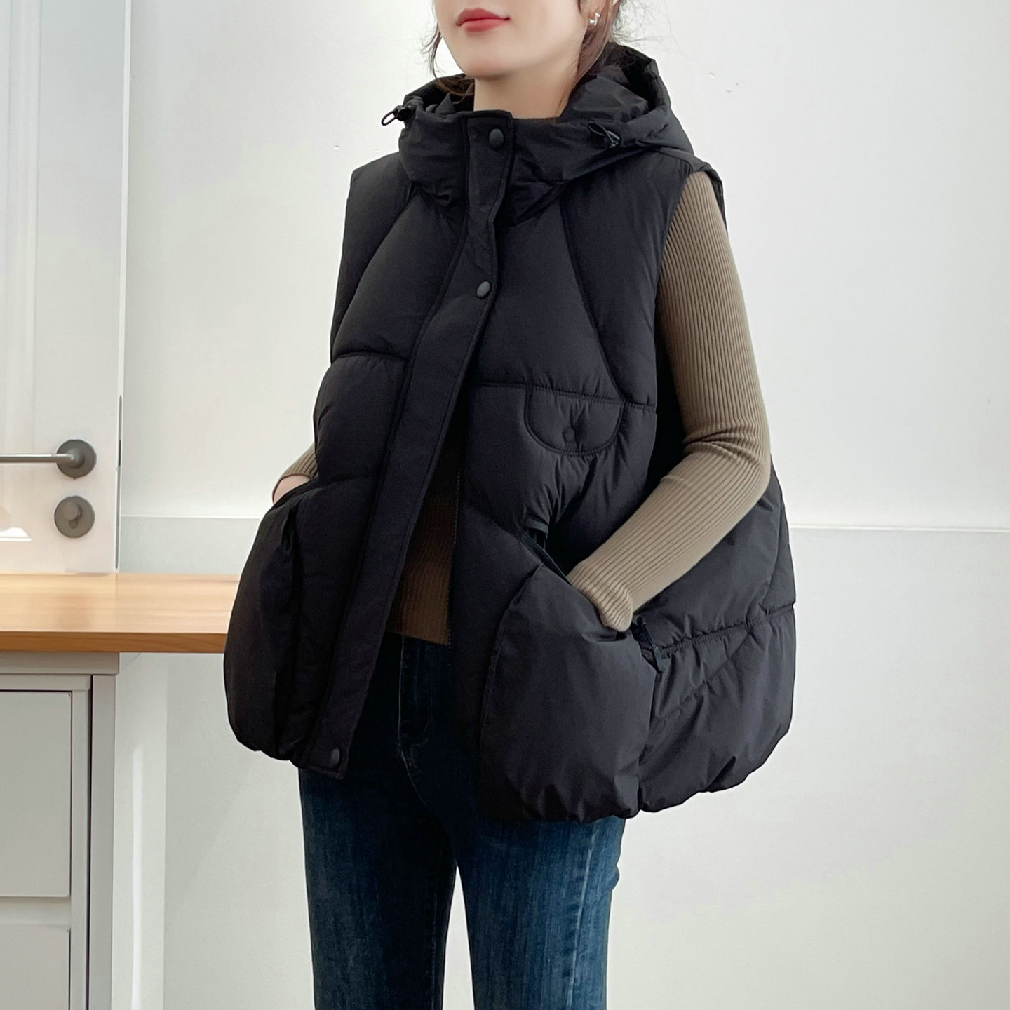 欧货休闲连帽羽绒棉马甲女外搭