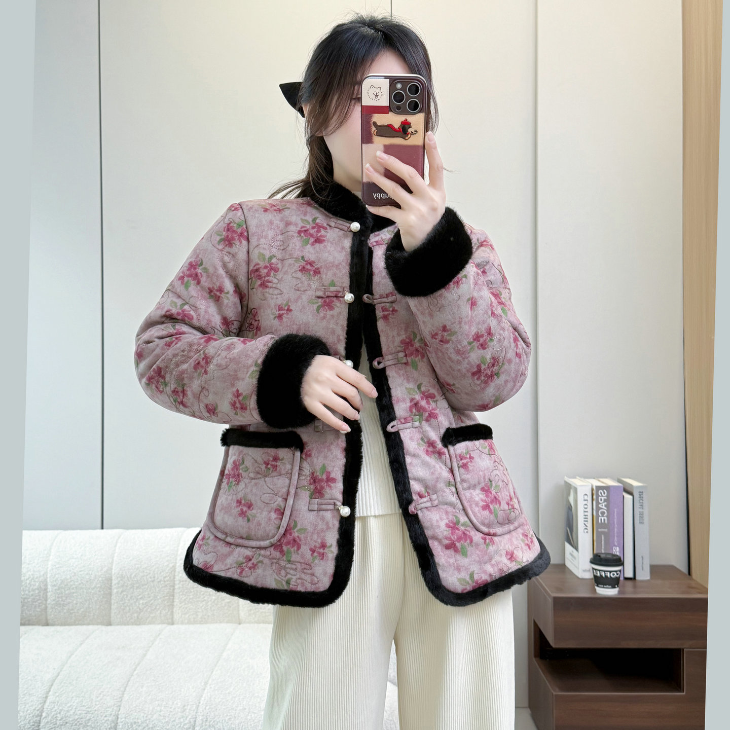 新中式国风毛绒领碎花加绒棉服女