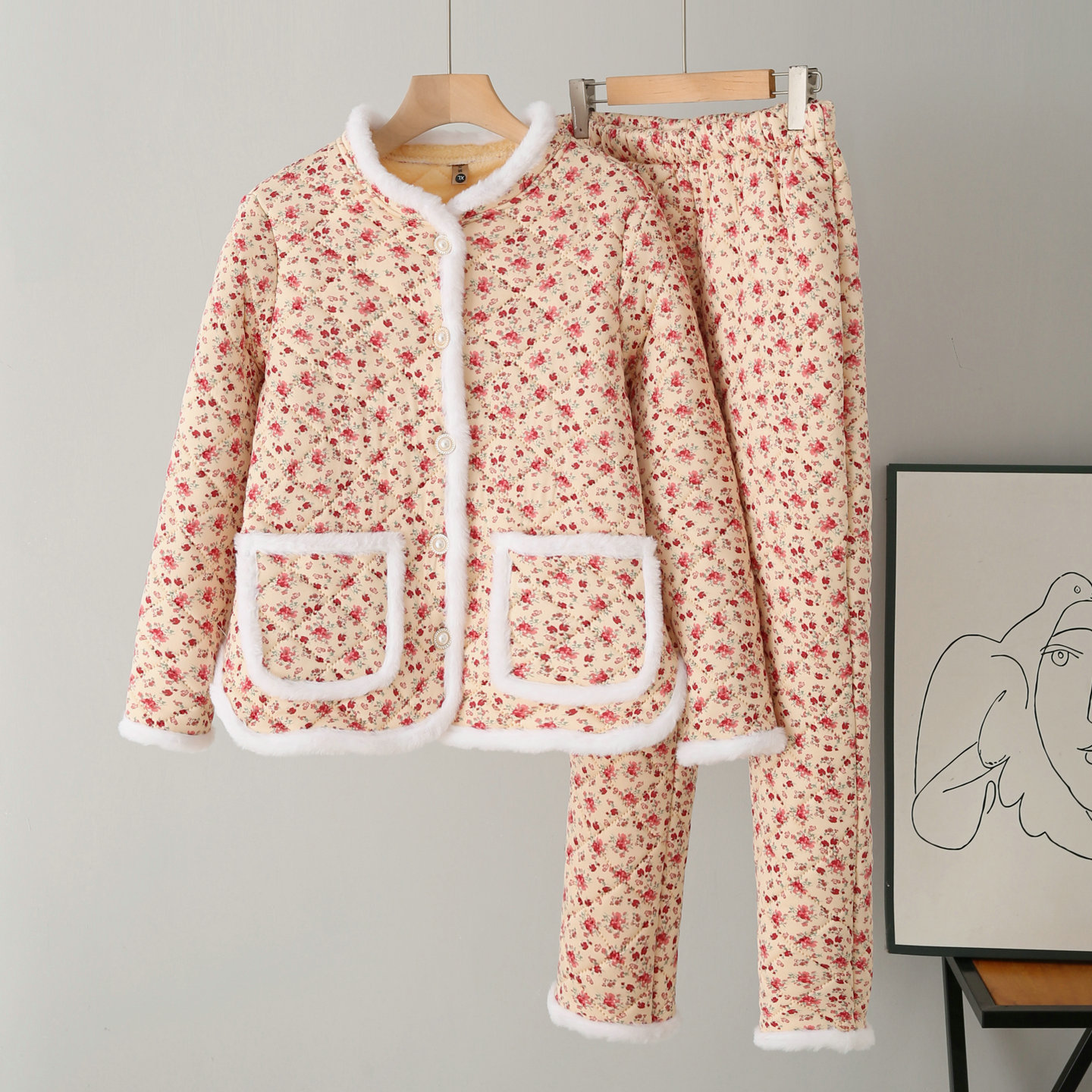 东北休闲大花袄棉袄两件套女