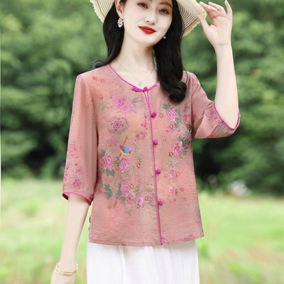 新中式国风苎麻印花衬衫刺绣小衫