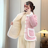 新中式 复古盘扣加厚棉衣女2025冬新款 加绒保暖粉色蕾丝边棉服外套