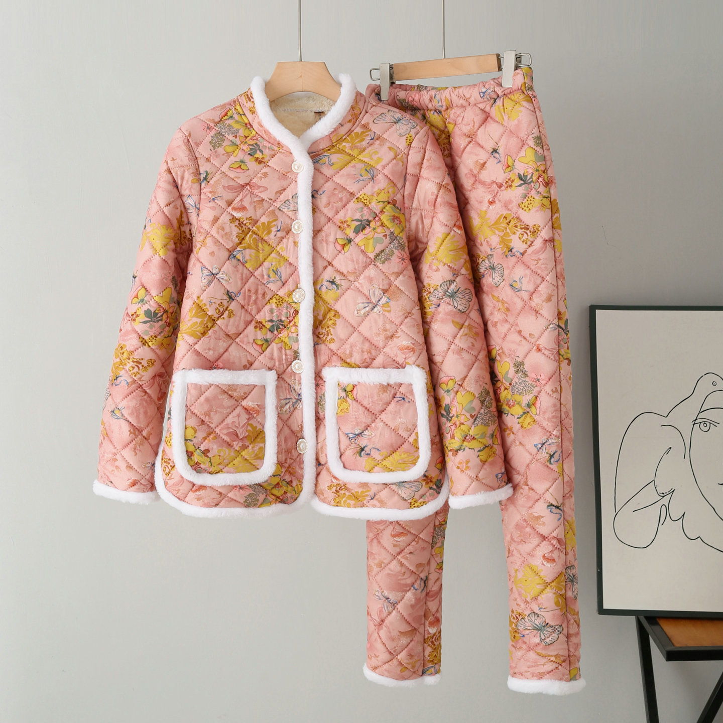 休闲时尚大花袄棉袄两件套女