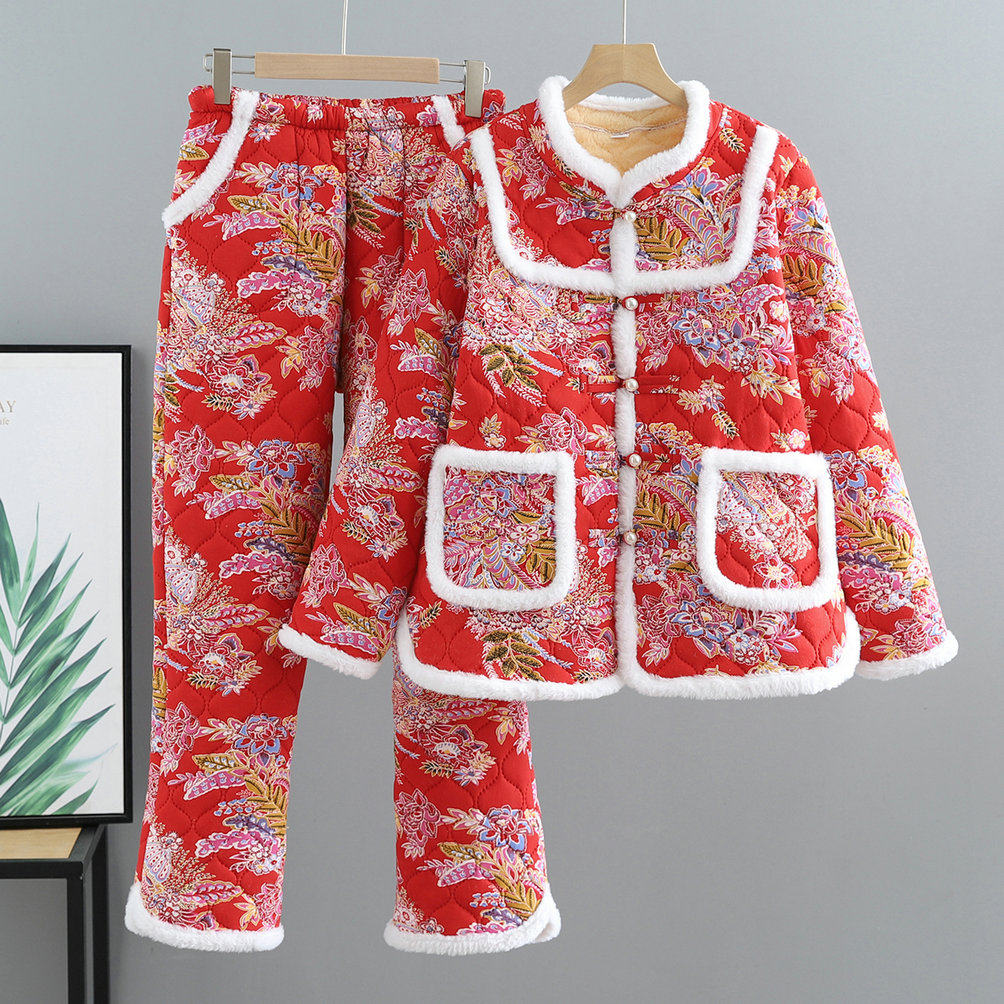 东北时尚大花袄棉袄两件套女2025冬季民族风棉服加厚棉衣棉裤套装