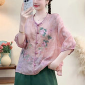 国风苎麻中袖 宽松大码 刺绣衬衫 新中式 女2025夏季 新款 小衫 棉麻上衣