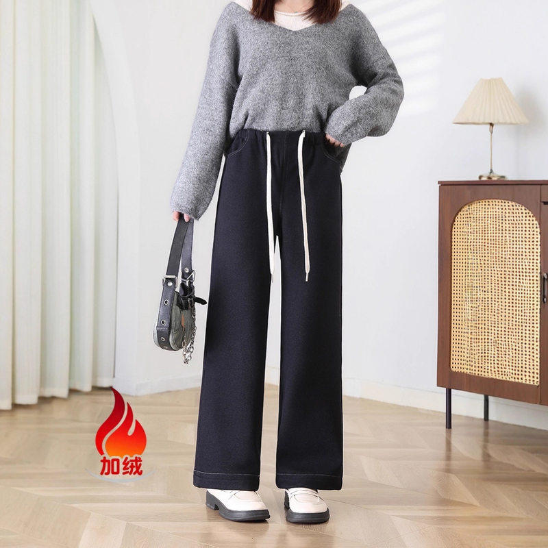 孕妇牛仔裤冬季新款加绒仿牛仔不掉色直筒裤阔腿裤孕妇裤子长裤