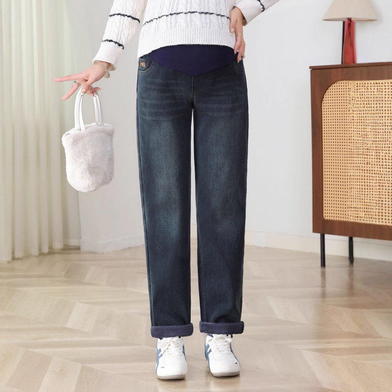 孕妇牛仔裤子冬季外穿怀旧蓝新款加绒老爹裤不勒肚子托腹裤秋冬装