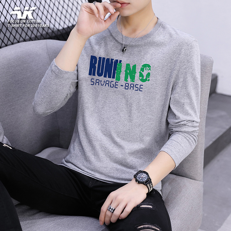 秋季内搭新款男装大码宽松潮流T恤印花休闲套头长袖潮牌男士衣服