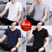 男士 上衣服长袖 短袖 V领体恤纯棉夏季 4件 半袖 t恤男装 纯色打底衫