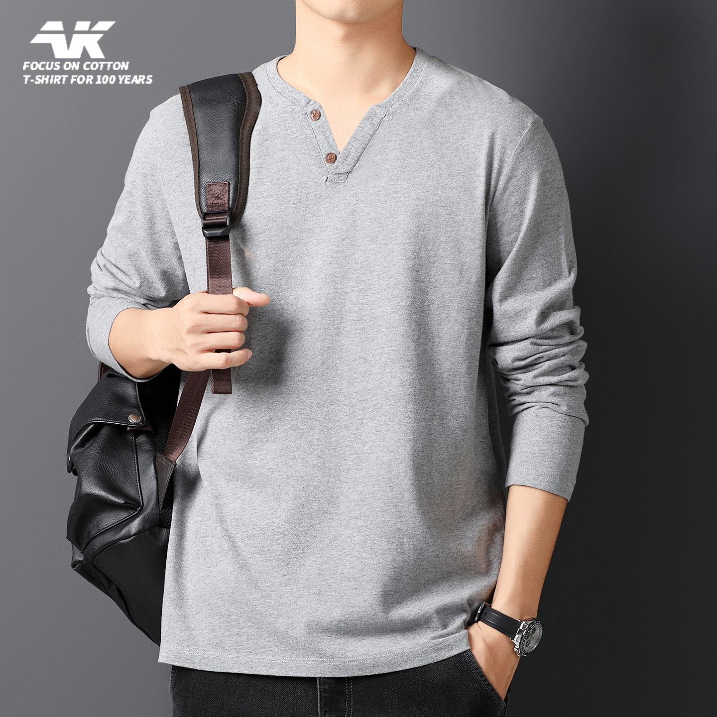秋冬季个性潮流男士扣子V领长袖t恤纯棉宽松纯色内搭打底衫上衣服