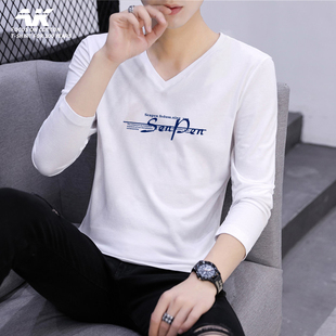 男长袖t恤潮流装春季V领内搭白体桖纯棉印花潮牌秋衣打底衫上衣服